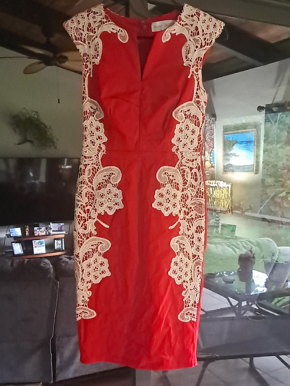 Red Lace-Trim Midi Sheath By Paper Dolls.